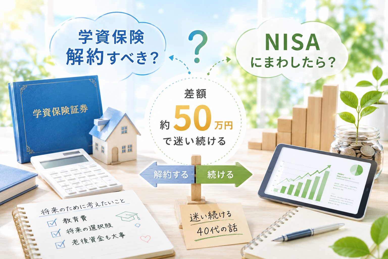 学資保険を解約してNISAに移すか迷う40代のイメージ