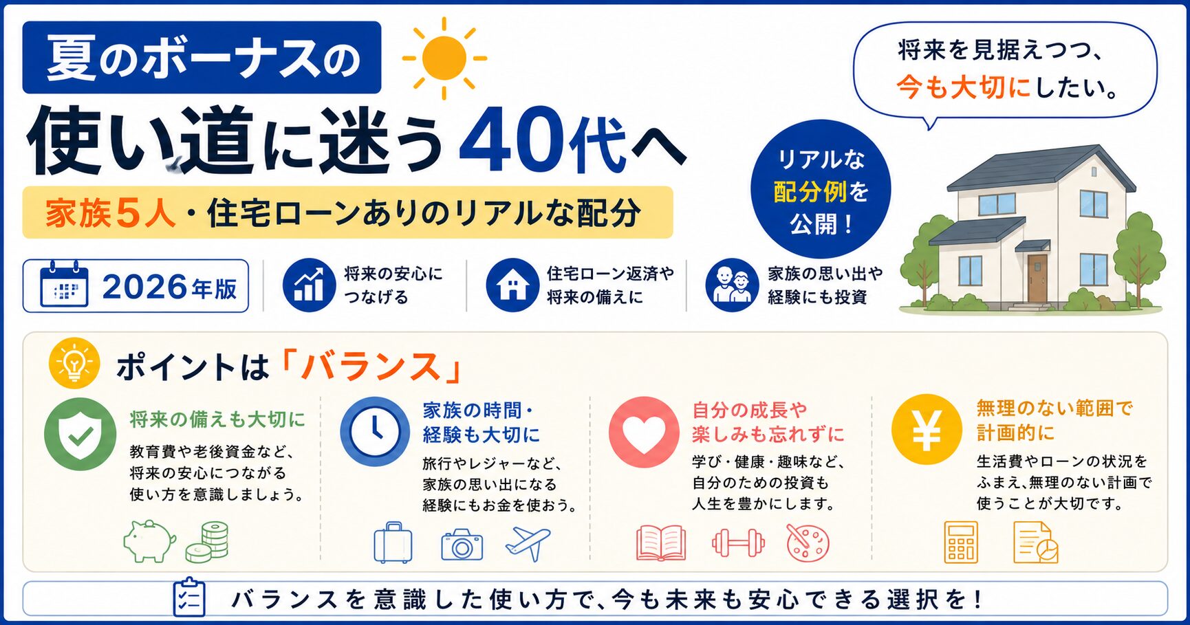 夏のボーナスの使い道に迷う40代へ｜家族5人・住宅ローンありのリアルな配分。将来の備え・家族の体験・投資のバランスを意識した使い方のイメージ