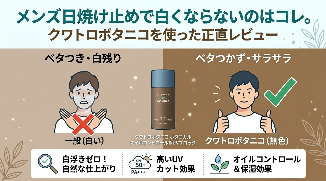メンズ日焼け止めで白くならない比較。一般品は白残り、クワトロボタニコは無色でサラサラ