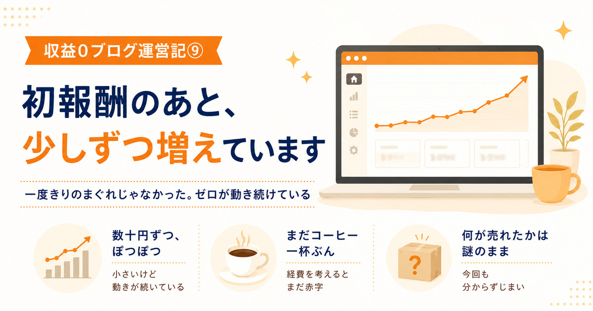 初めての報酬のあとも数十円ずつ成果が増えている様子を右肩上がりのグラフで表したインフォグラフィック｜収益0ブログ運営記⑨
