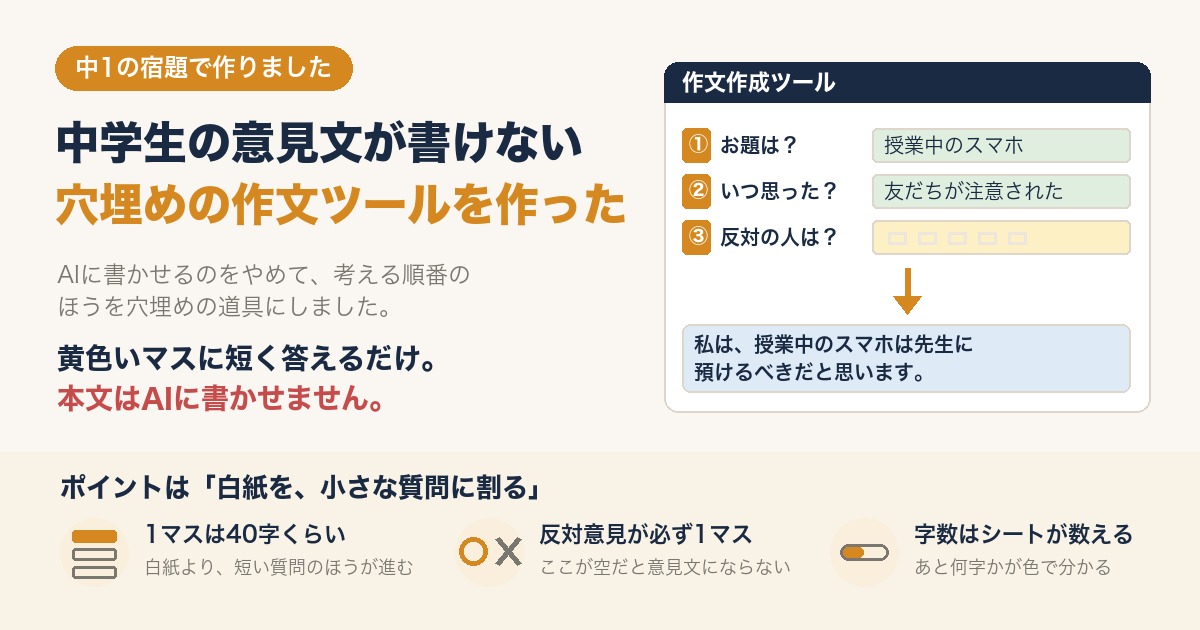 中学生の意見文が書けないので、穴埋めの作文ツールを作ってみました