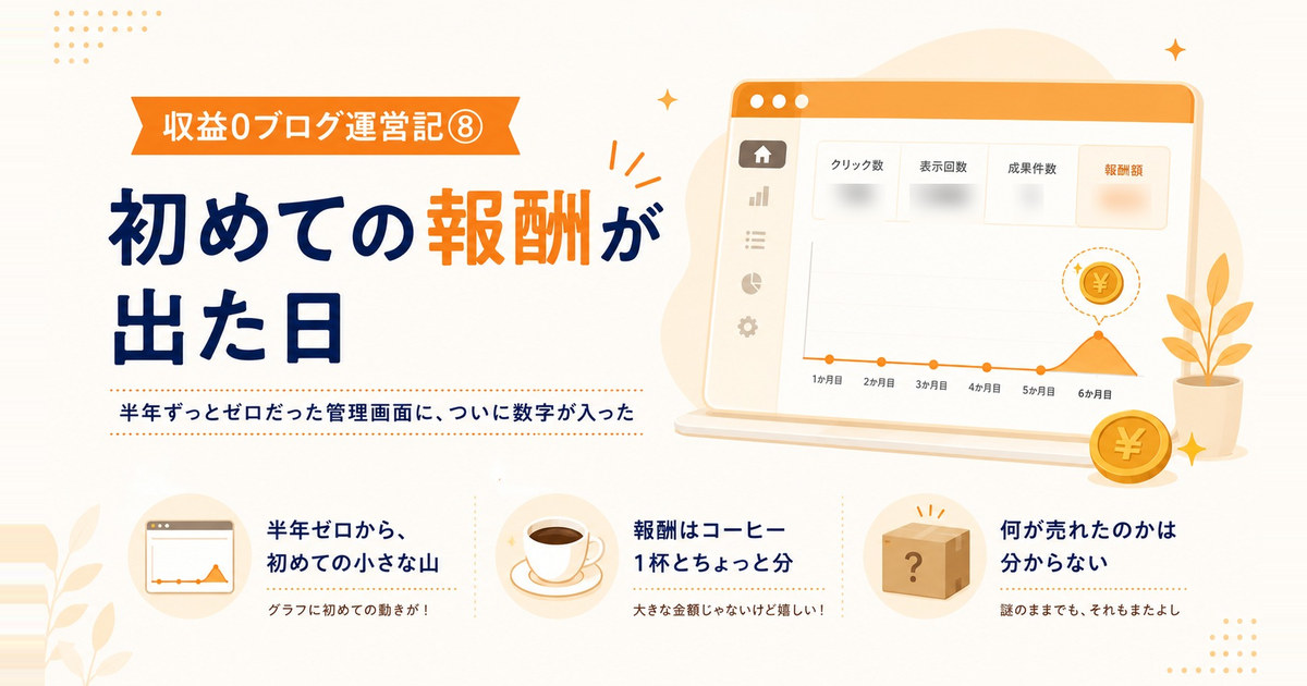 半年ゼロだったブログの管理画面に初めての報酬が入った様子を表すインフォグラフィック｜収益0ブログ運営記⑧